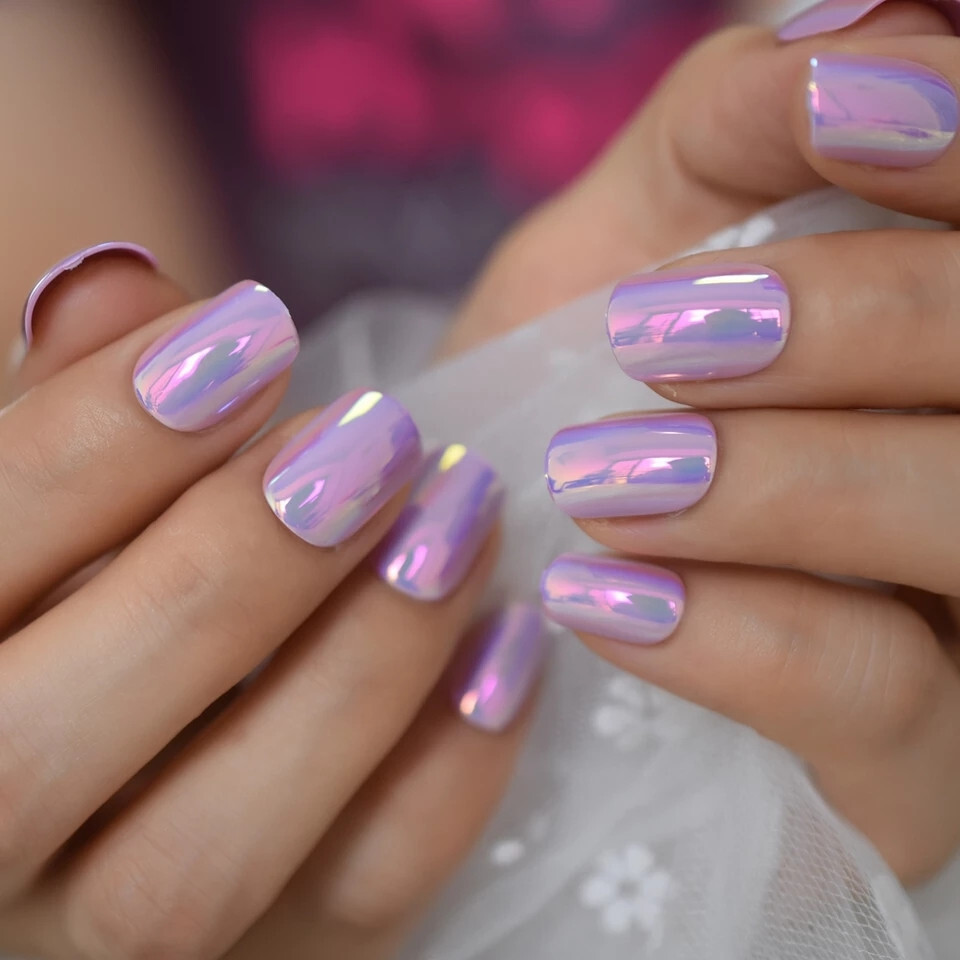 24 Short Press on Nails kit w glue Pink Purple Holographic chrome chameleon