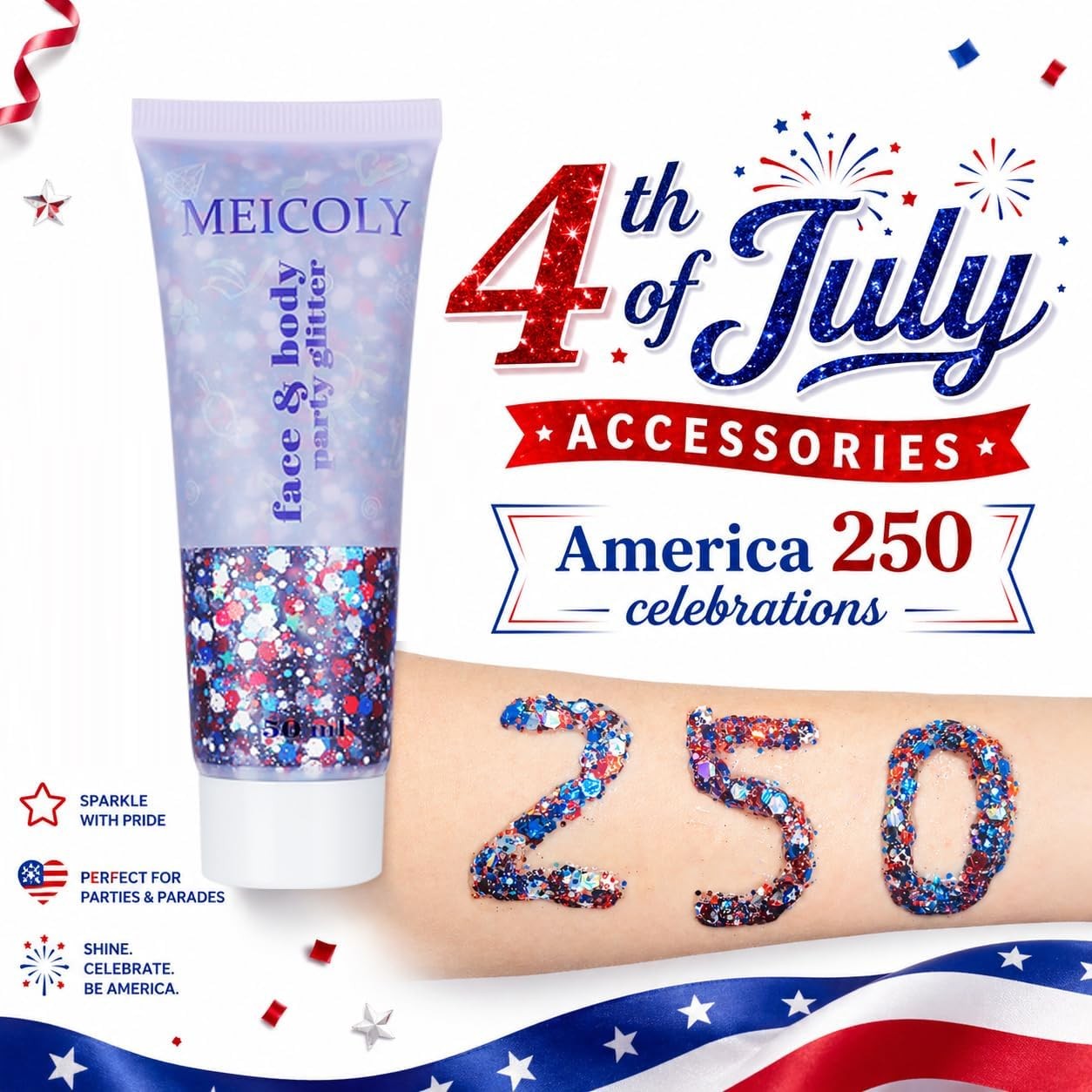 MEICOLY Red White and Blue Face Glitter,4th of July Patriotic Accessories,Star H