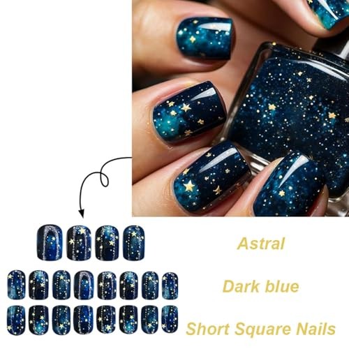 Starry Sky Press on Nails – Short Square Dark Blue Fake Nails with Stars A01