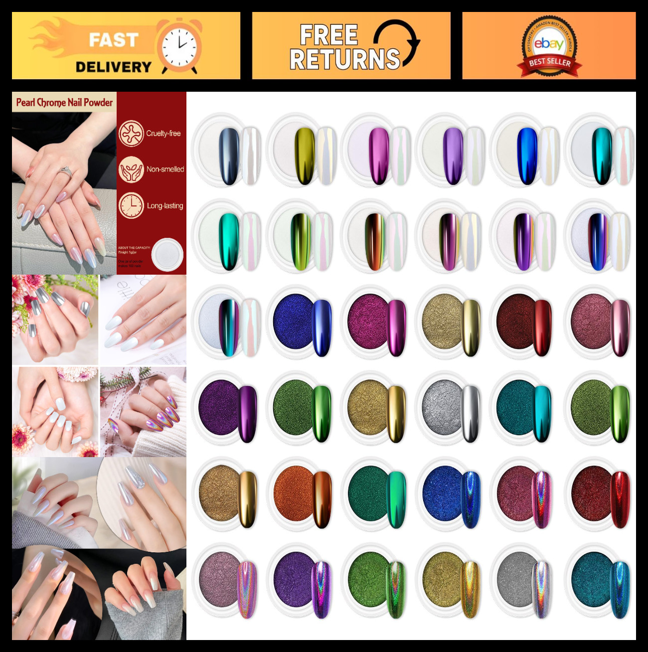 36 Jars Chrome Nail Powder Kit – White Pearl, Silver Metallic, Holographic Dip f