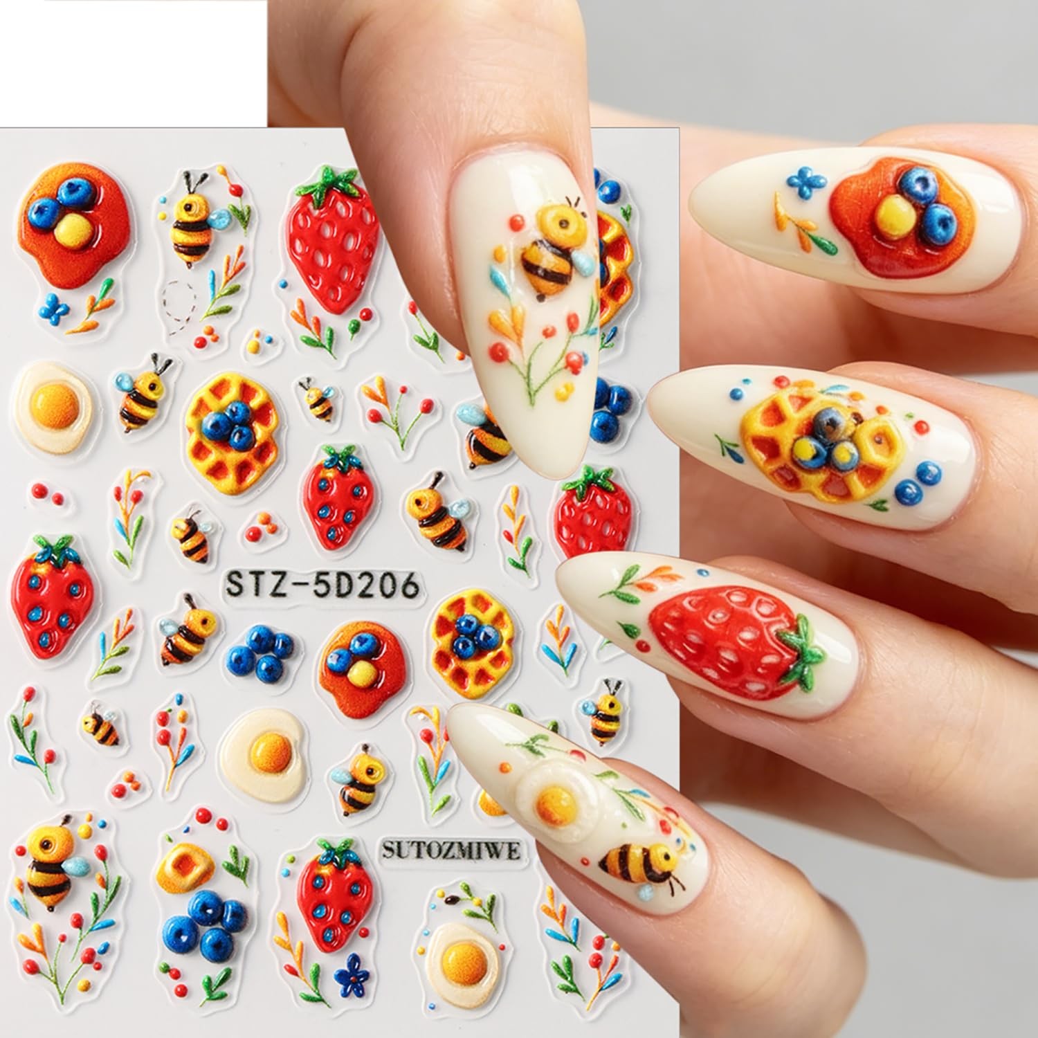 Bee Strawberry Nail Stickers 5D Embossed Cute Nail Art Stickers Self-Adhesive…