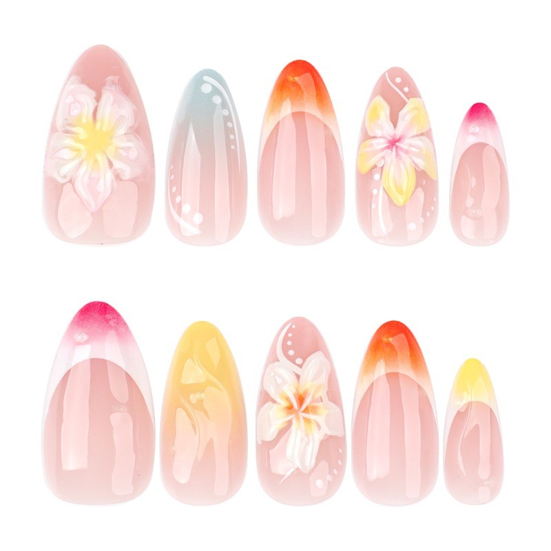 48Pcs-Gradient Orange Blue 3D Plumeria Almond Press on Nails Summer Fake Nails