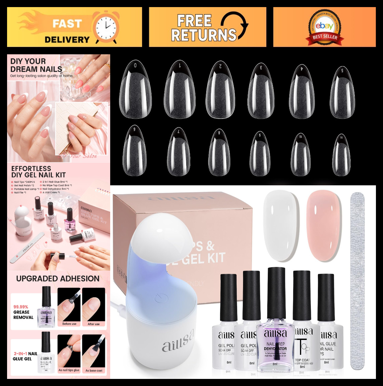 Nail Extension Kit 240pcs Short Almond Tips, 2-in-1 Glue & Base Coat, Gel Lamp