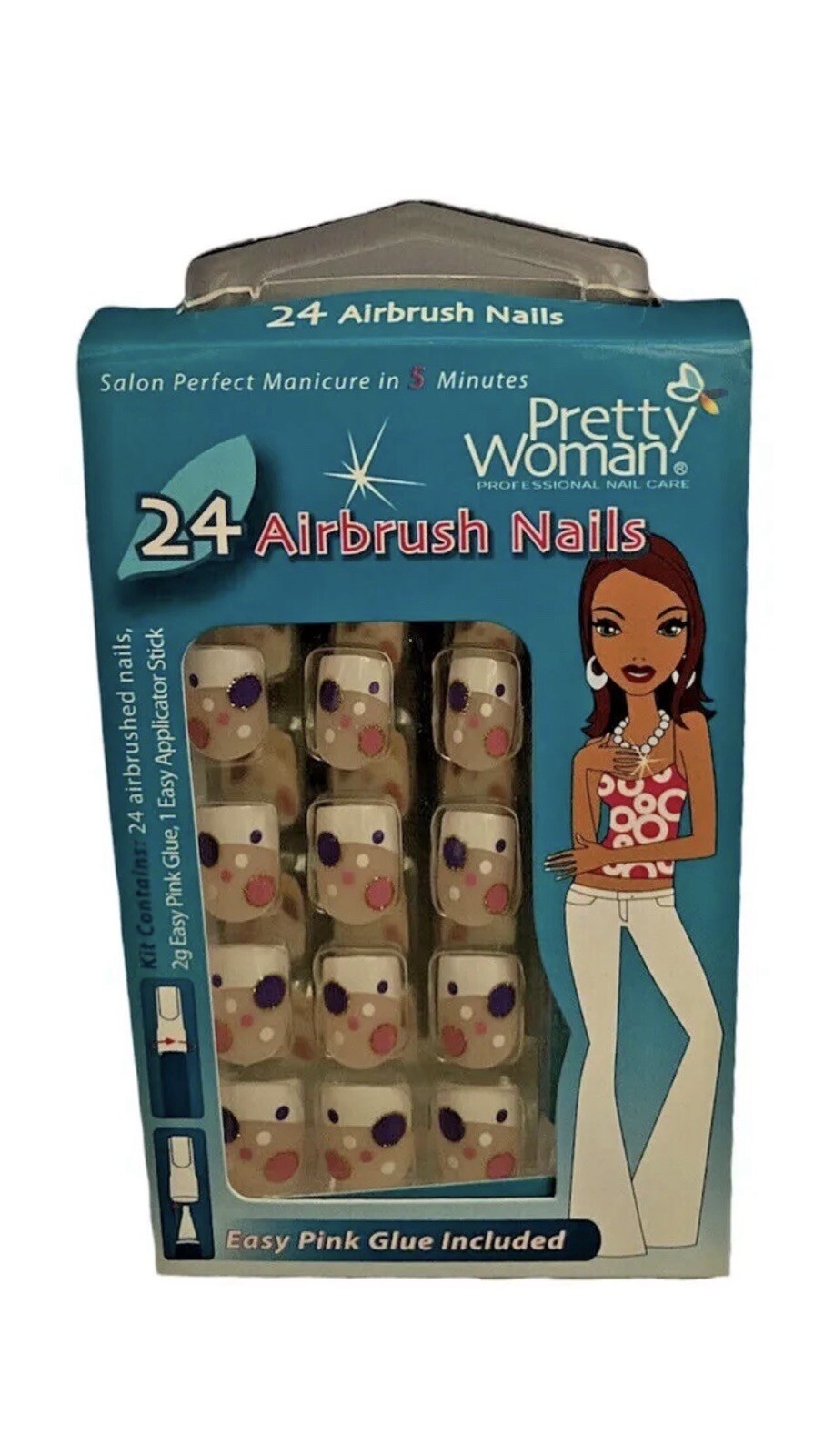 Pretty Woman 24Airbrush Nails +Glue. White Tips Purple Pink and White Polka Dots
