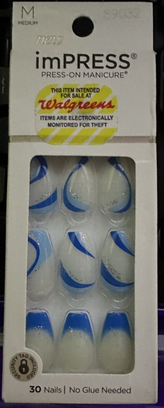 Impress Kiss Manicure Nails Gloss Medium Blue White French Swirl Glitter Almond