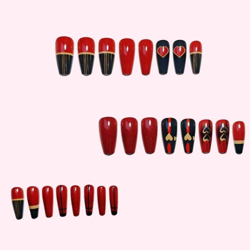 48PCS Red and Black Heart-shaped Metal Border Pressed Nails, Reusable Fake Nails