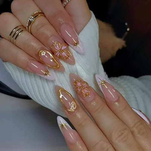 Medium Press on Nails Almond Fake Nails French 1 Fl Oz (Pack of 1) White Gold
