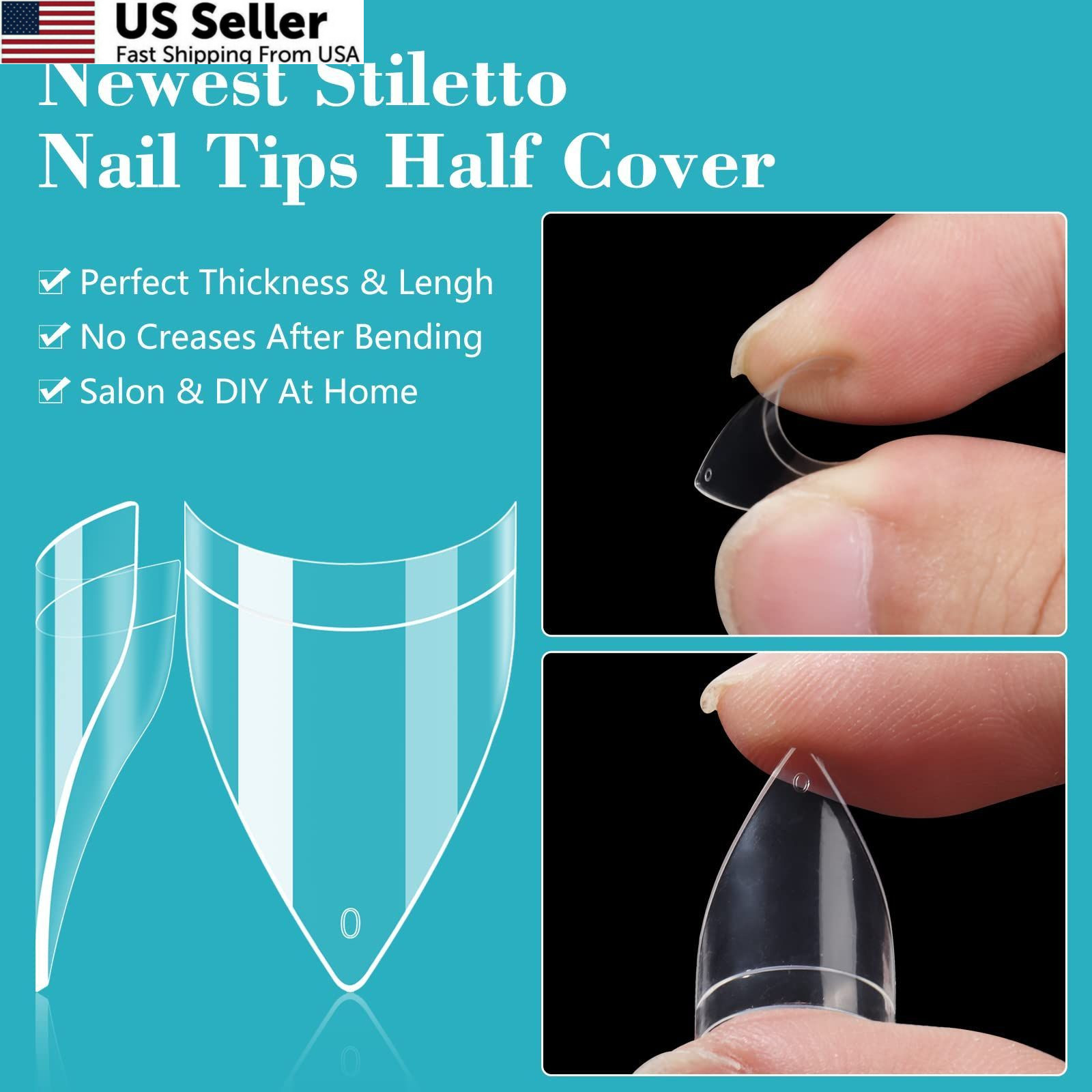 Clear Short Stiletto Nail Tips, 600PCS Half Cover 500 Piece Assortment,