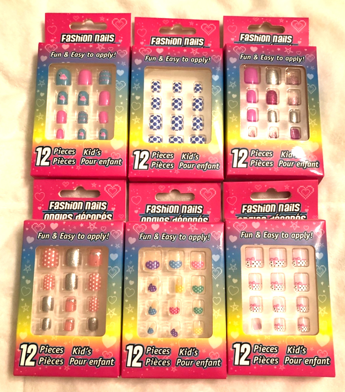 Lot of 6 Boxes Assorted Kids/Small Adult Fashion Nails Press-On 72 Pcs NIB