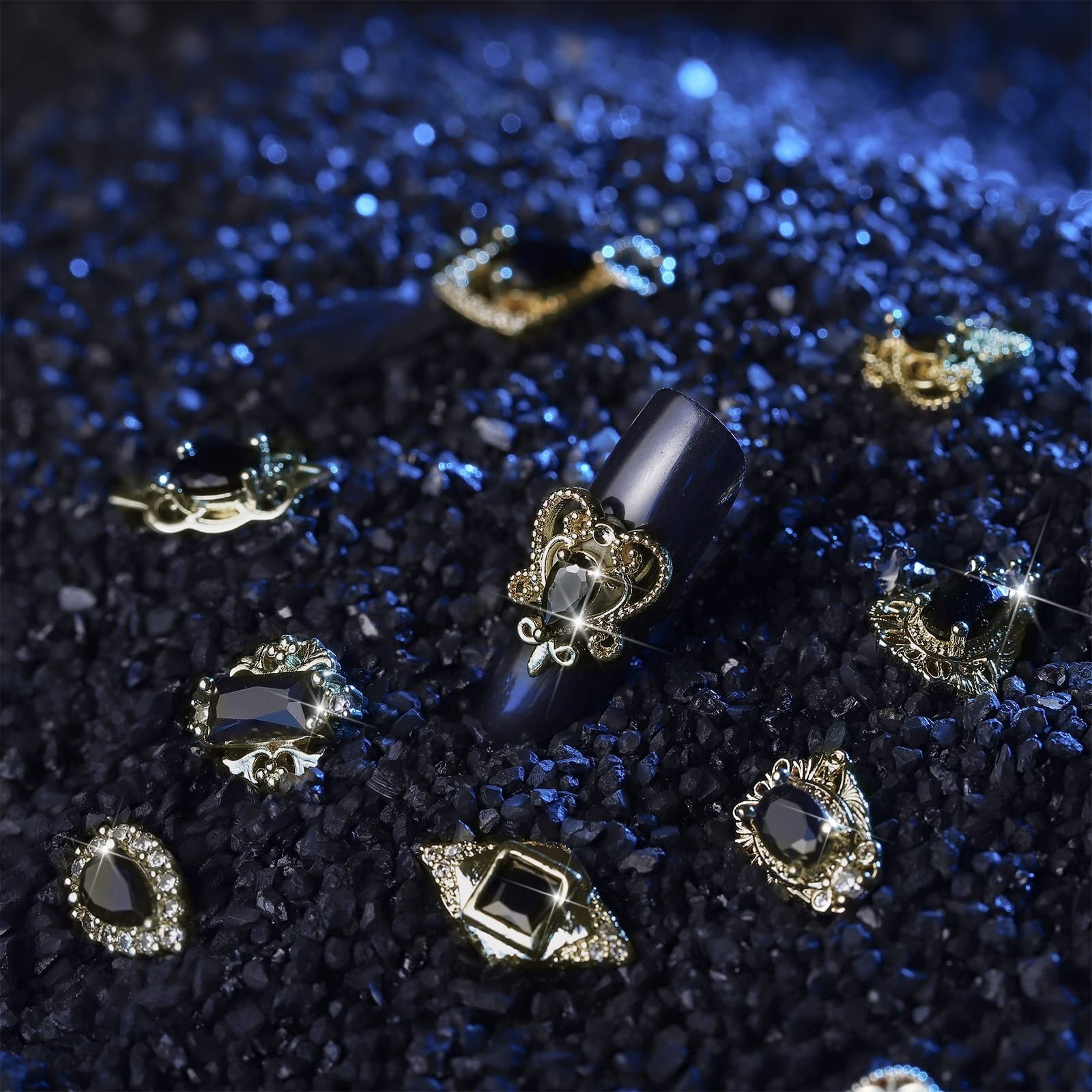 24 Pcs 3D Nail Charms – Gold & Black Rhinestones for Acrylic Nails, DIY Art Stor
