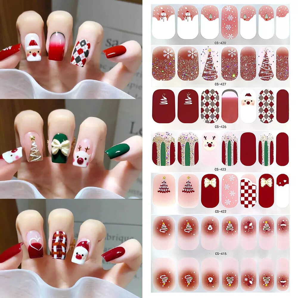 5 pcs hot sale Christmas Nail Stickers Semi Cured Gel Nail Stickers UV Lamp