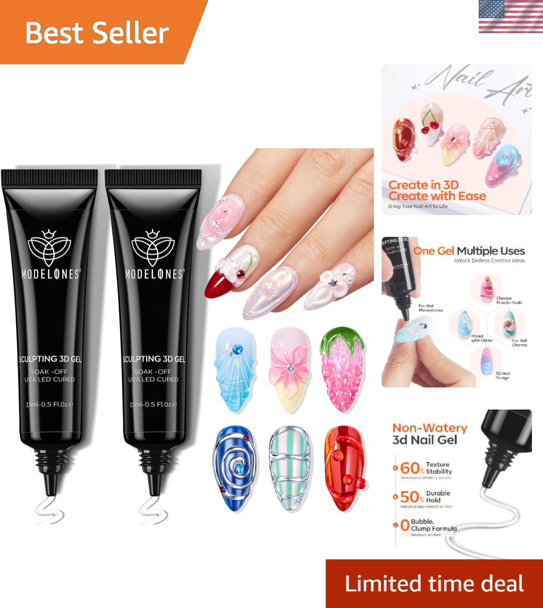 Sculpting Gel Nail Glue Kit – 2Pcs Clear 3D Gel, Chip Resistant & Quick Curing
