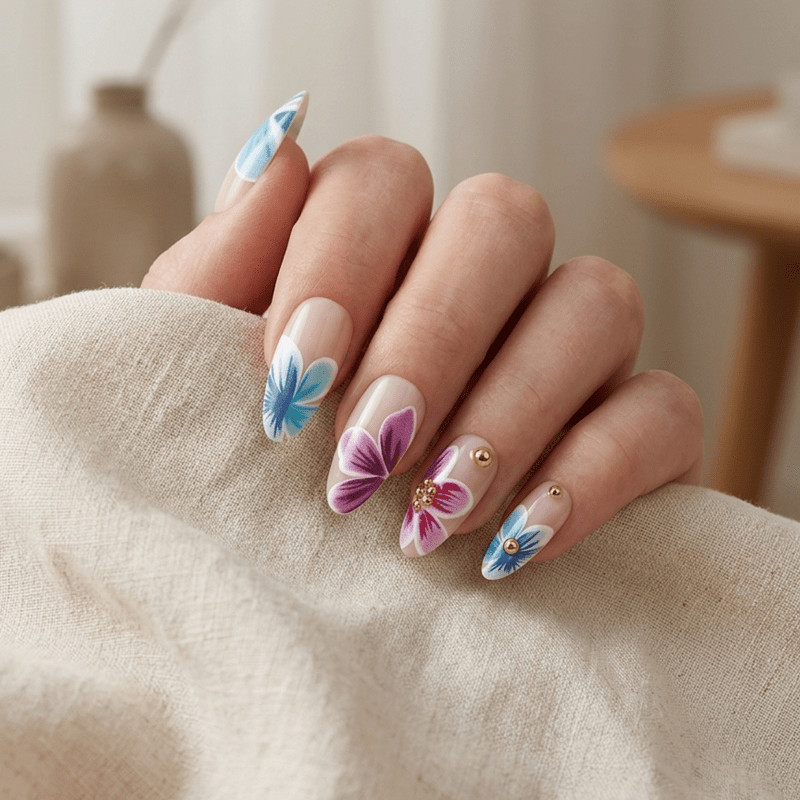 48pcs Almond Press on Nails,Nude White French Blue Purple Flower Gold Bead Nails