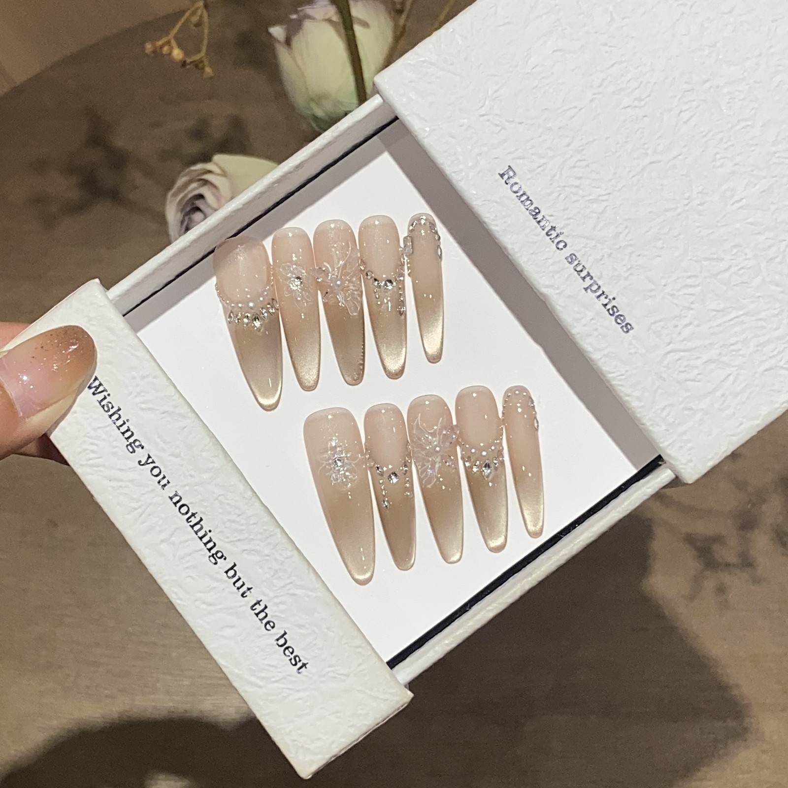 10Pcs Handmade Peach Matte Cat Eye Medium Oval French Rhinestone False Nails