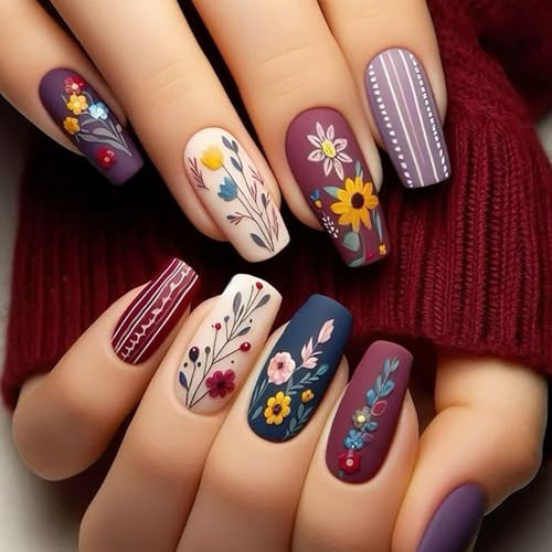 Colorful Flower Press on Nails Medium Ballet Shaped Coffin Nails Matte Stripe