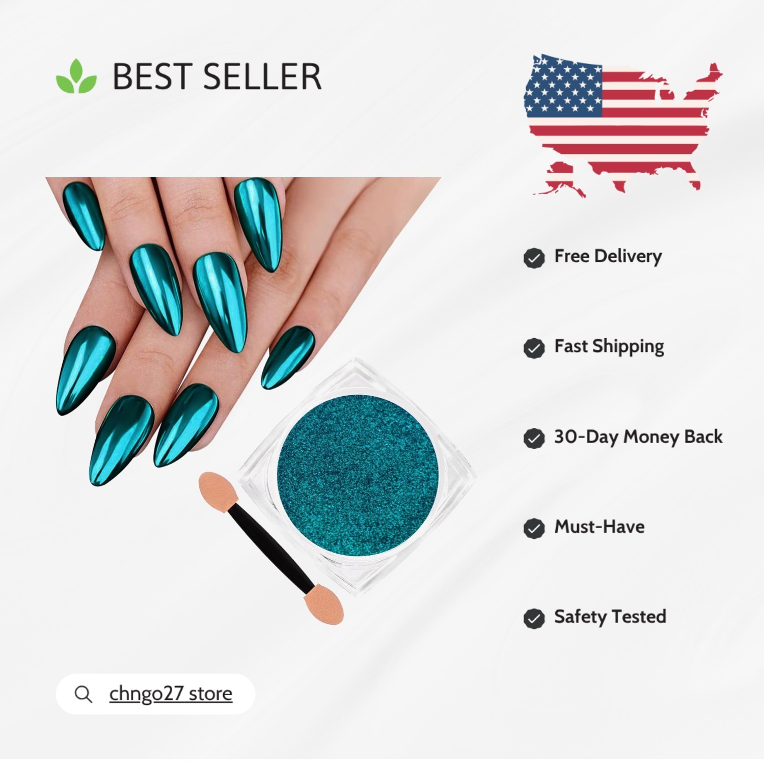 High-Pigmented Lake Blue Chrome Nail Powder with Eyeshadow Stick for Easy Art