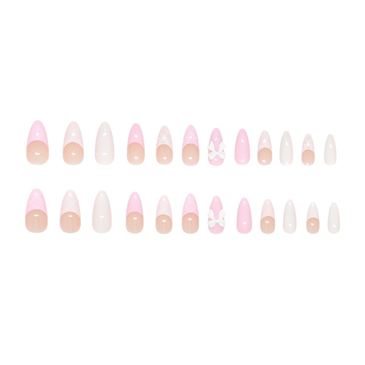 24pcs Pink Bow French Press On Nails – Long Coffin Fake Nail with 3D Lace Design