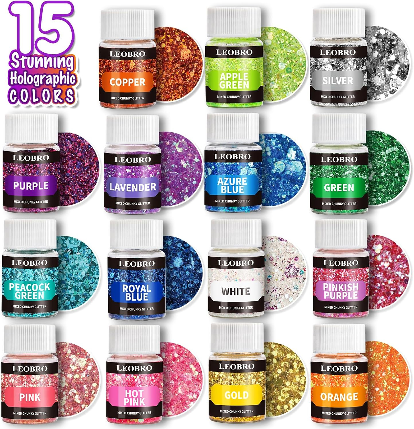 LEOBRO Holographic Chunky Glitter, 15 Colors Craft Glitter for Resin, Nail Body,
