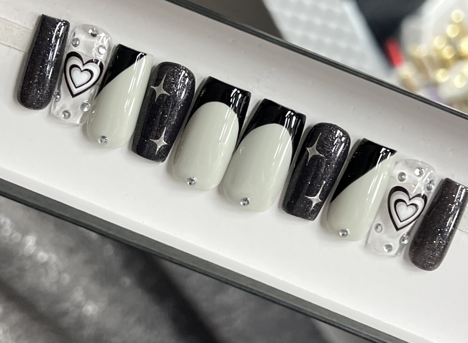🤍 CUSTOM Hard Gel Press On Nails Black GREY HEART Bling 10p FULL SET SQUARE