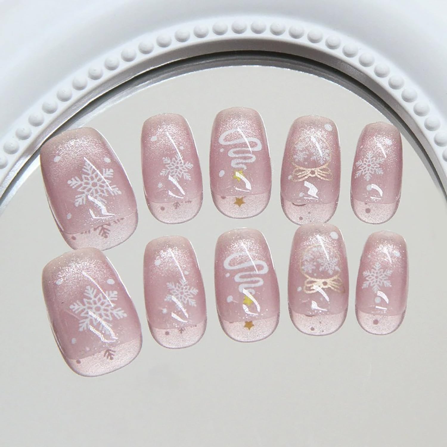 Christmas Press on Nails Short Square Fake Nails with Snowflake Christmas Tre…