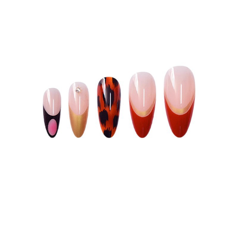 Leopard Print French Nails Patch Red Black Contrast Long Stylish Tips