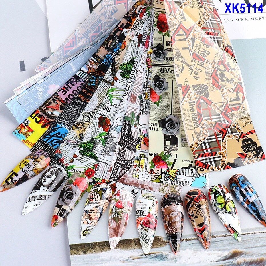 Newspaper Letter Graffiti Flower Animal Nail Foil Transfer Sticker 10pcs 20X4cm