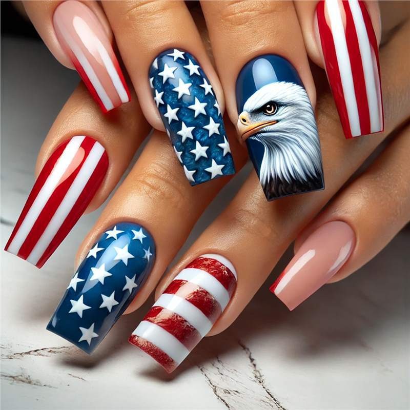 Patriotic Eagle Star Stripes Press On Nails Ballet Shape Cool Cute