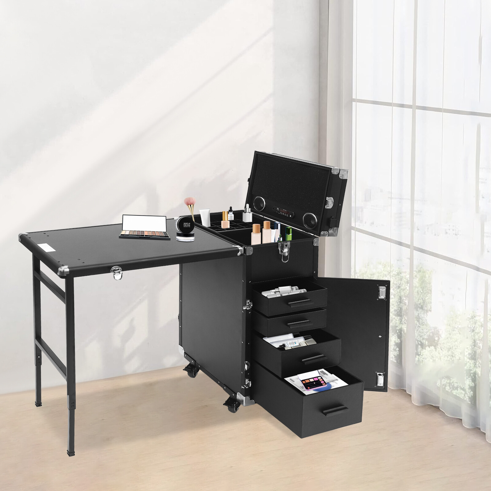 Nail Desk Mobile Station Rolling Make Up Train Case Manicure Table With Speaker