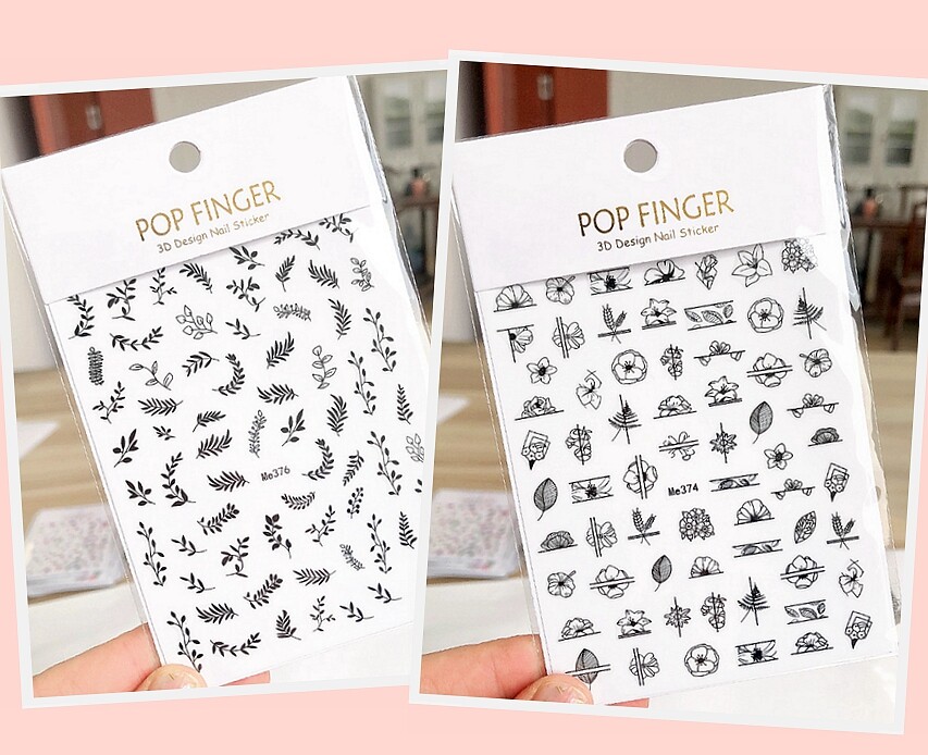Black Flowers Leaf Branches Nail Stickers Geometric Lines Flower Nail Art Decals