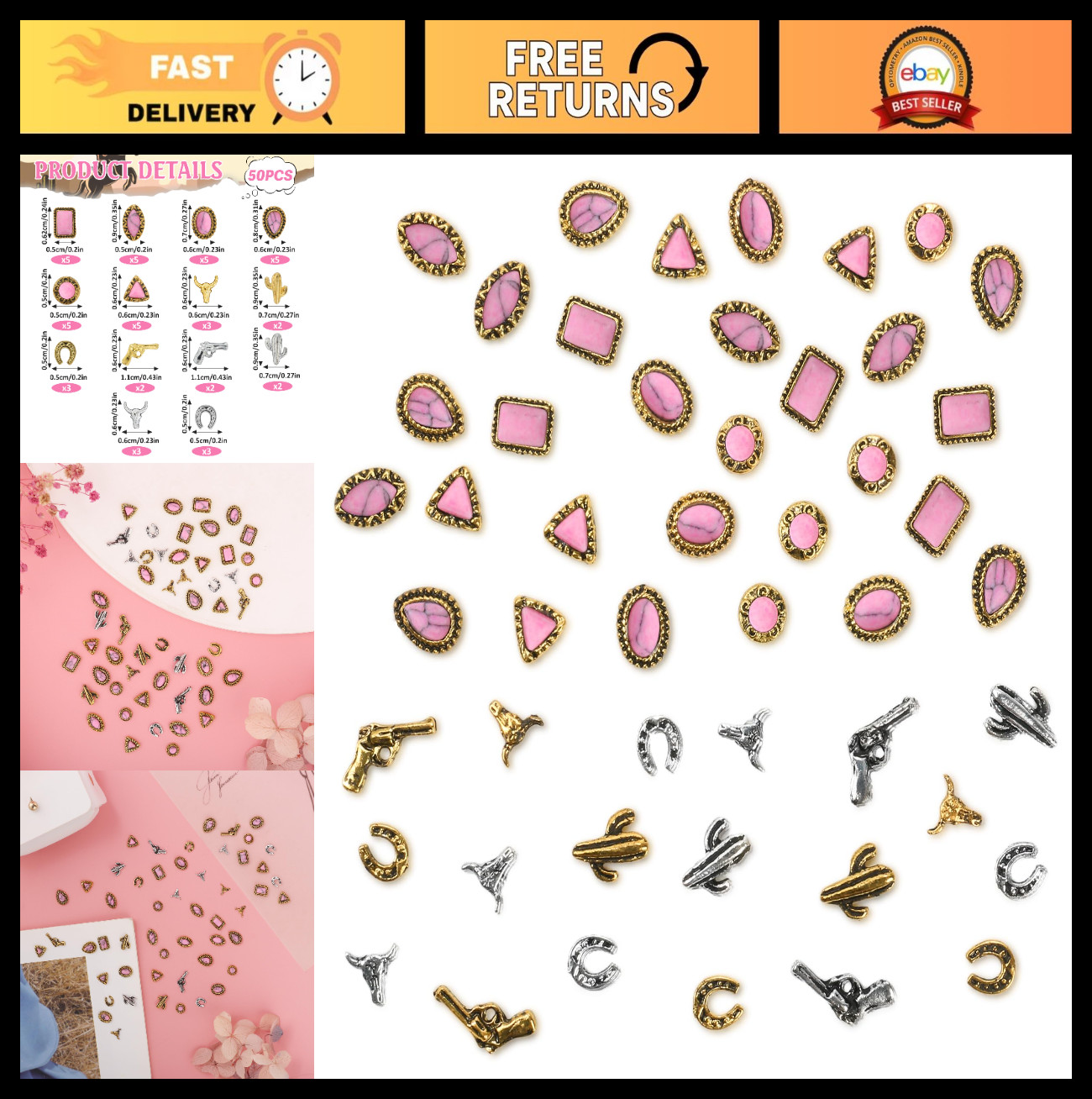50 PCS Western Nail Charms – Pink Turquoise 3D Gems, Retro Cowgirl Jewelry Gifts