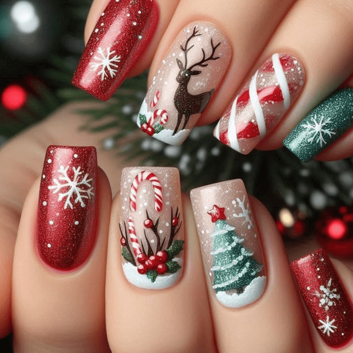 96pcs Christmas Press-on Nails Reindeer Tree Candy Cane Holiday Party Nails