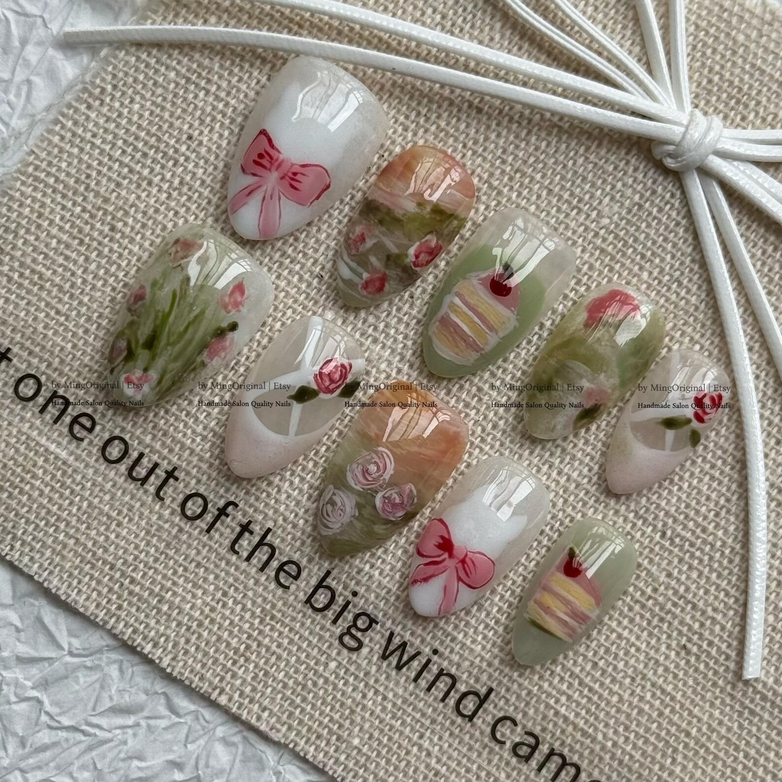 Handmade Vintage Watercolor Rose Cake Pink Bow Medium Almond Press on Nails