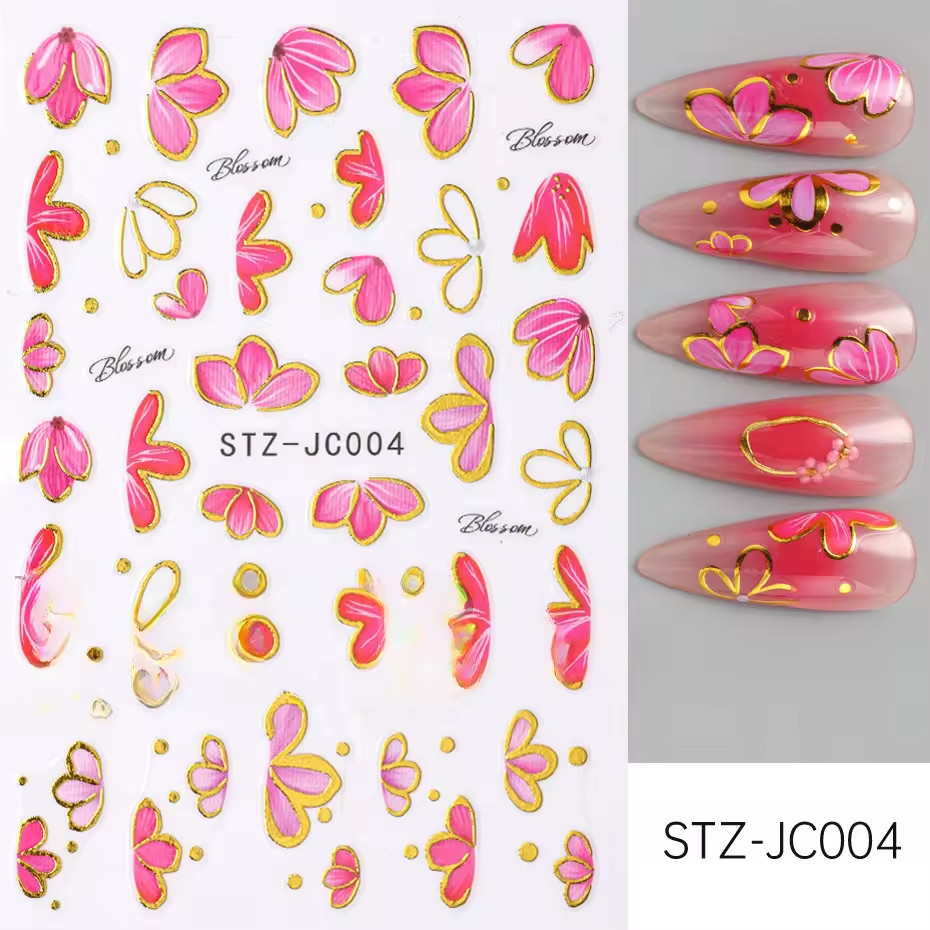 3D Pink Gold Flower Nail Stickers Metallic Floral Sakura Nail Art Decals DIY