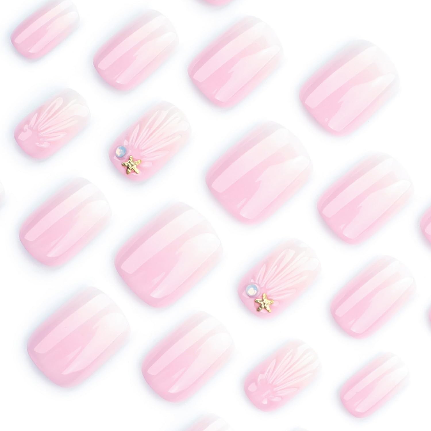Pink White Gradient Press on Nails Short Square Fake Nails Summer Shell Patte…
