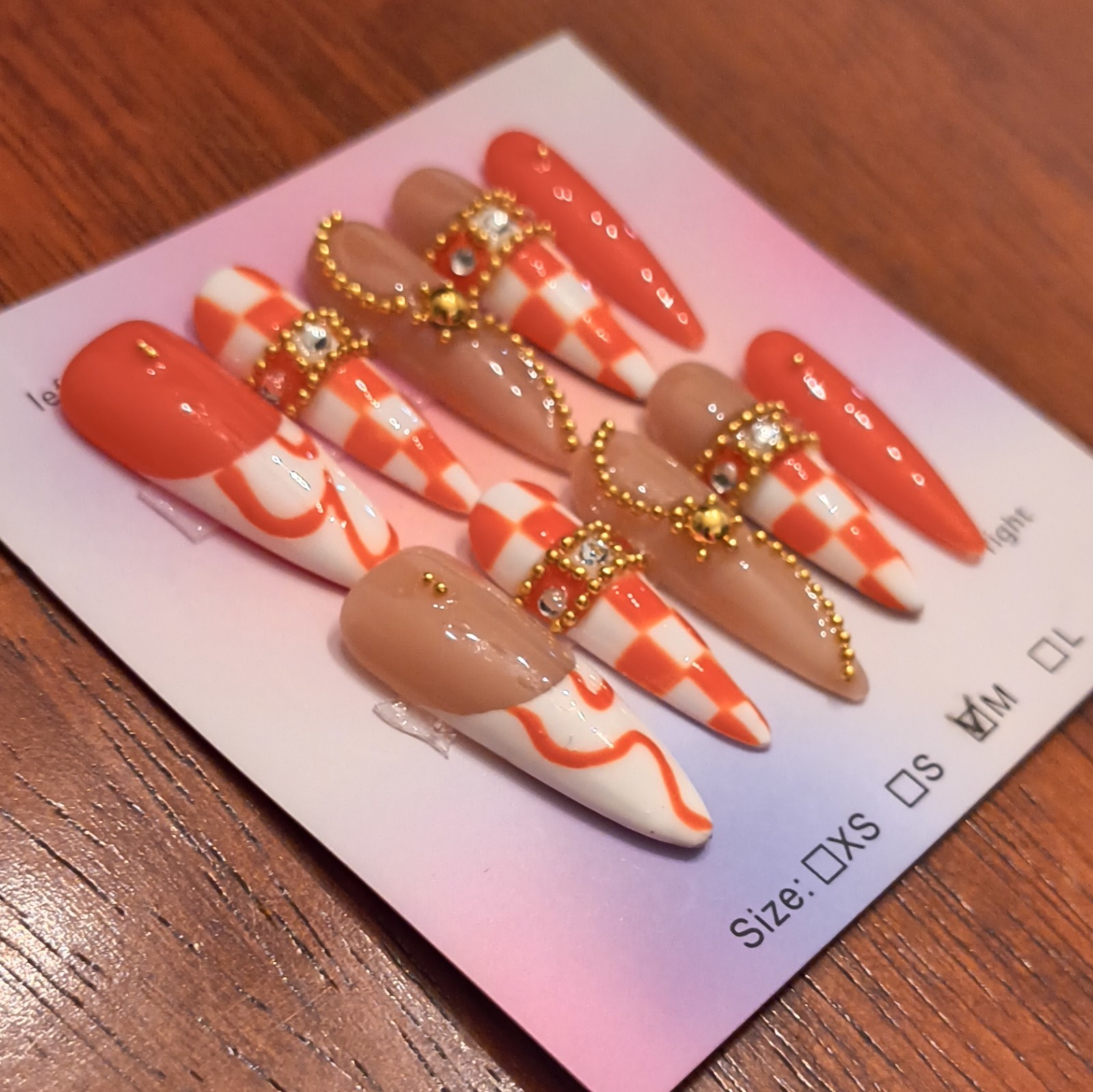 Press-On Nails Long Stiletto Orange White Nude Glossy Checkered Medium