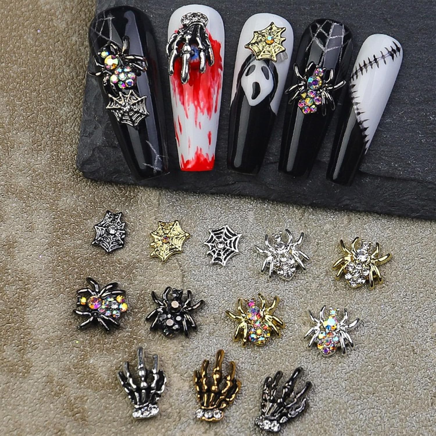 Halloween Nail Charms 3D Spider Hand Alloy Art Supplies Black