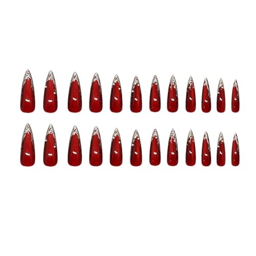 24Pcs Wine Red Press on Nails Long Pointed Wine Red Irregular Silver Style 22