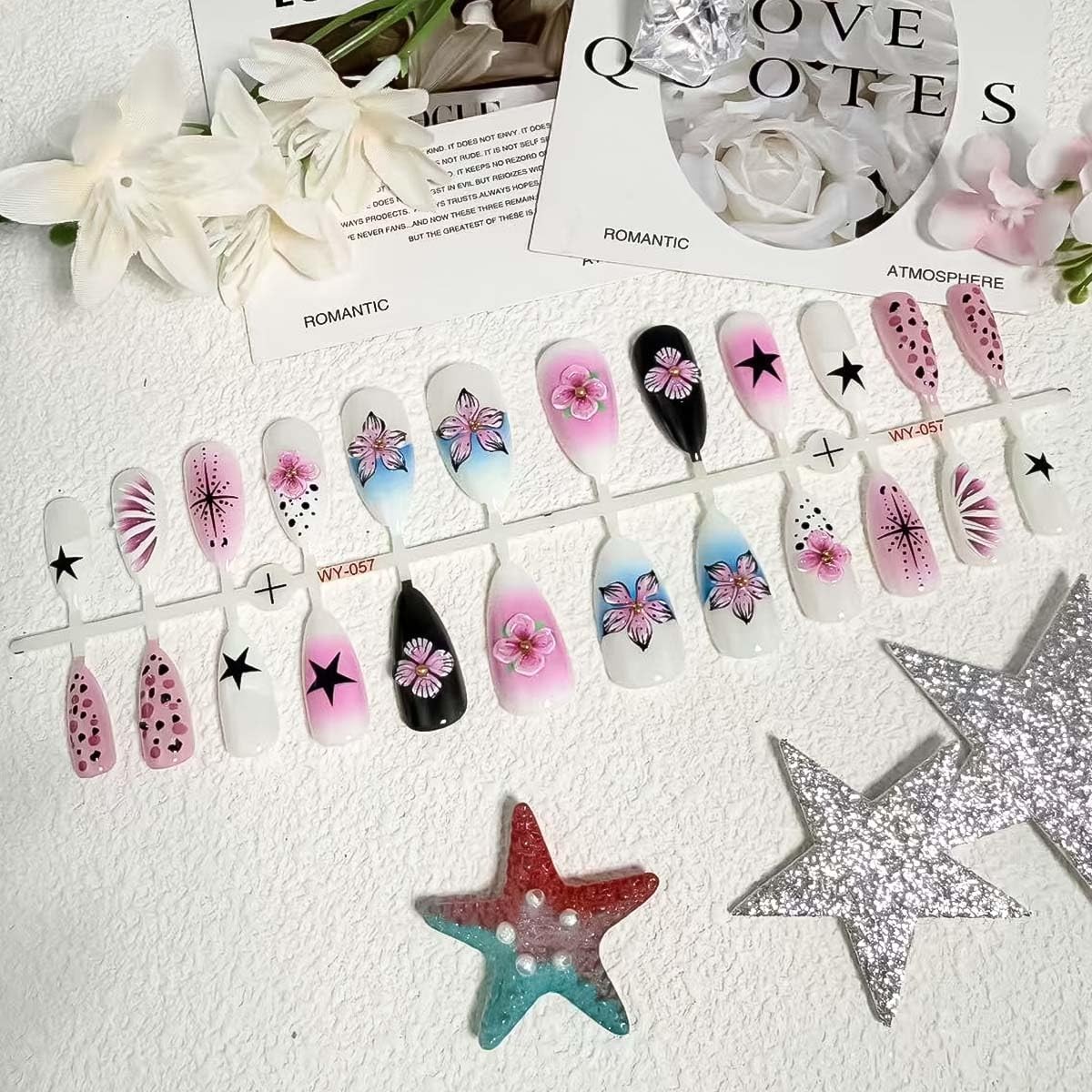 24Pcs French Tip Press on Nails Long Almond Flower Fake Nails with Rhinestone…
