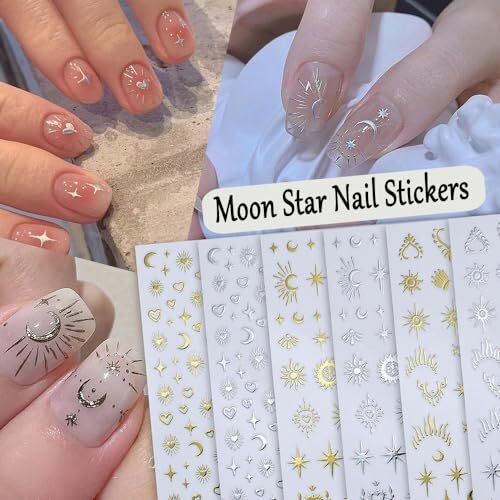 12pcs Aurora Silver Star Moon Nail Art Stickers 3D Star Nail Stickers for