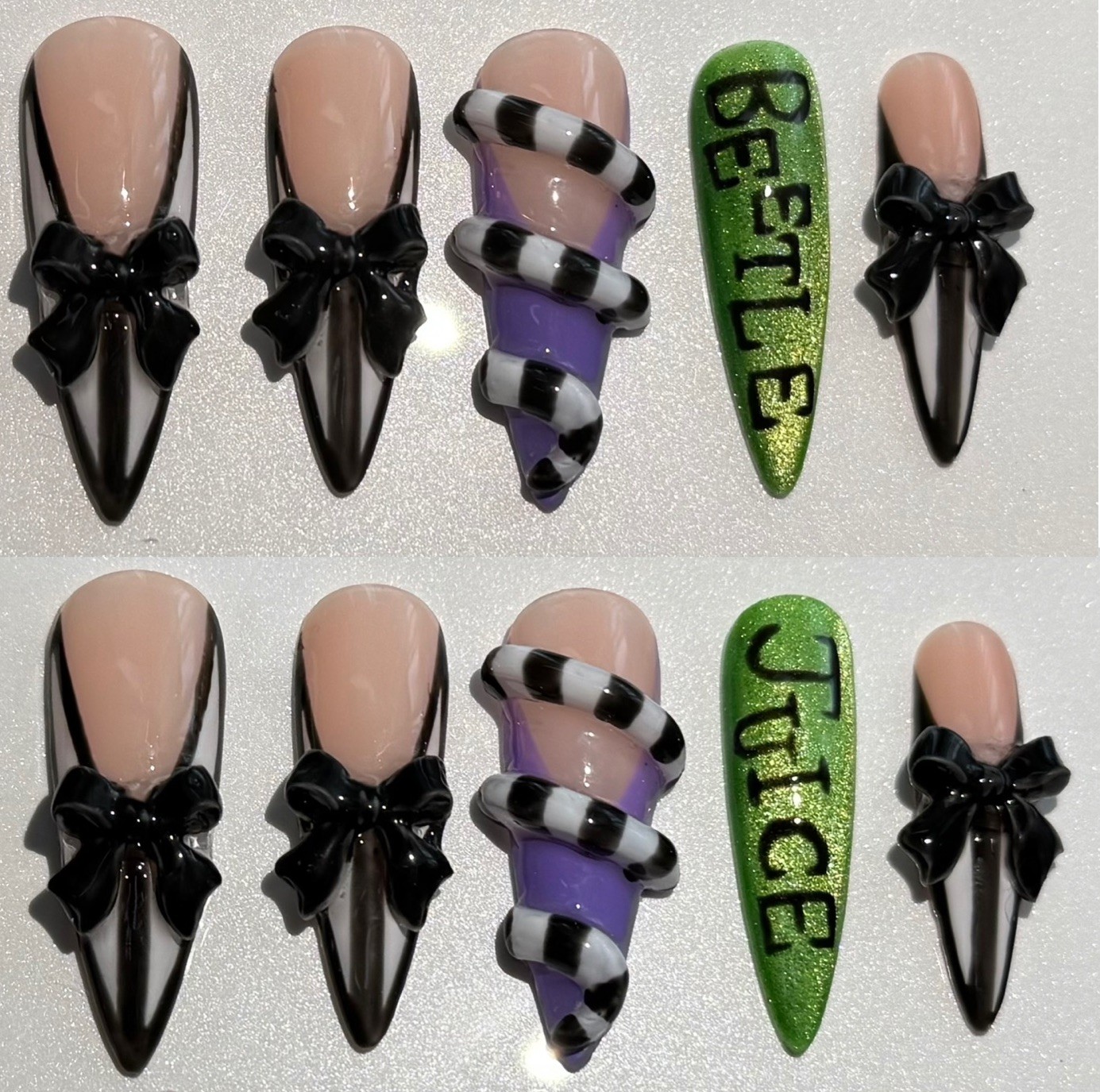 Custom Hand Painted Halloween Stilleto BeetleJuice Cateye Press On Nails 10Pc