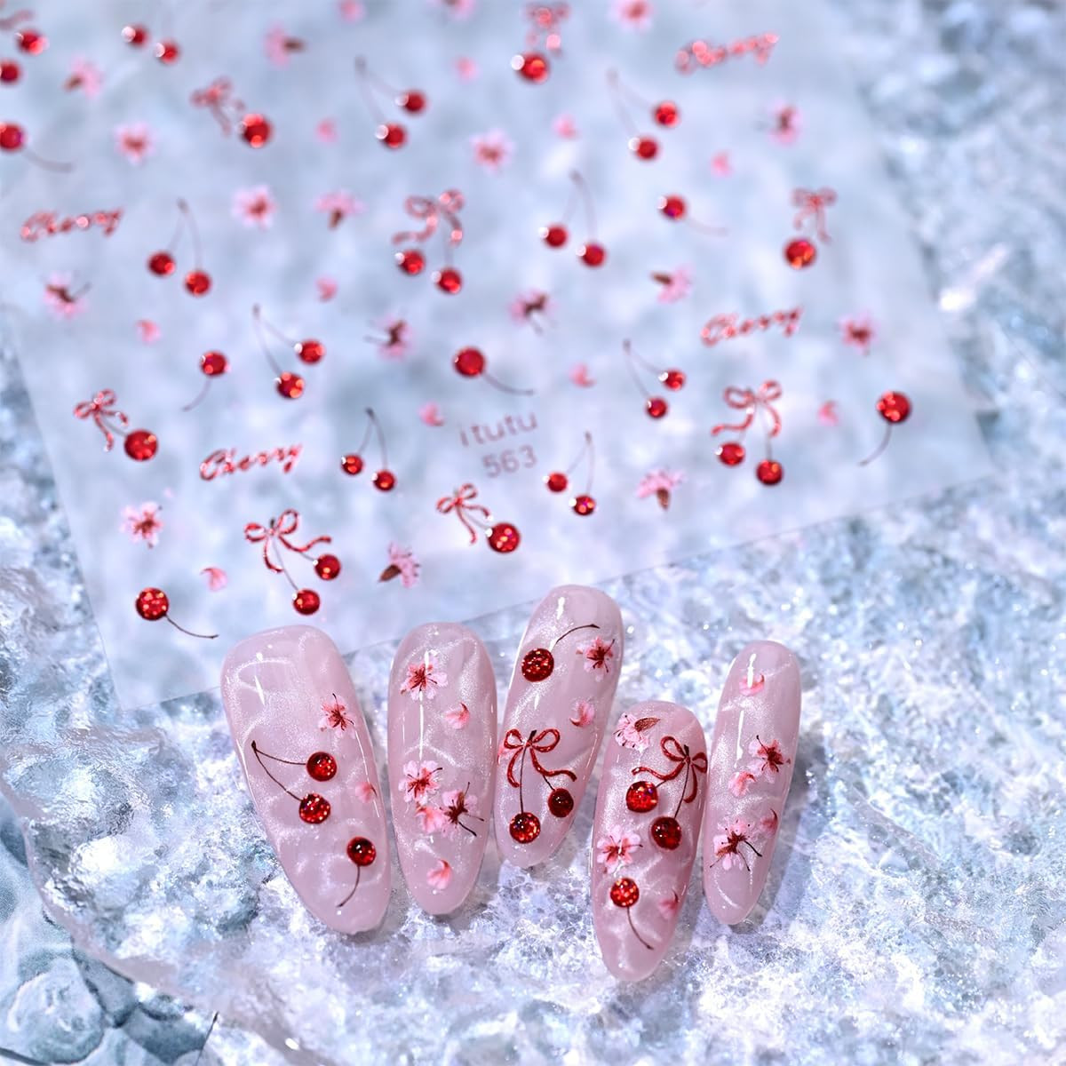 Red Cherry Nail Art Stickers 1 Sheet Self-Adhesive 5D Embossed Cherry Blossom Bo