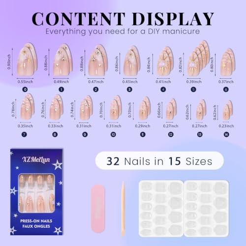 3D Boho Stars Gold Press On Nails Almond Medium 30 Pieces (Pack of 1) Q-1029
