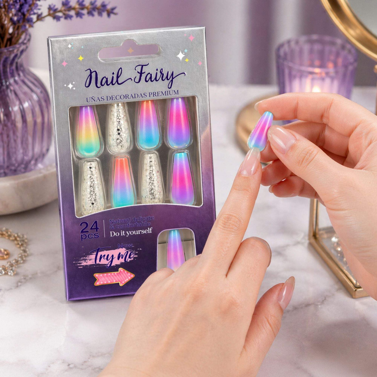 24 PCS Nail Fairy Rainbow Gloss Artificial Nails Set