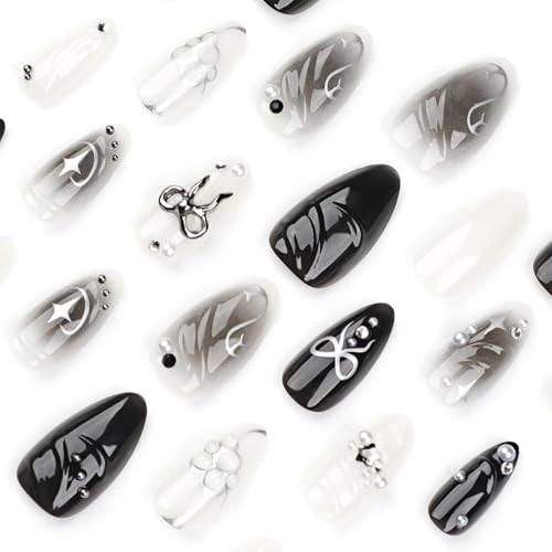 Black Press on Nails Medium Almond Fake Nails with 3D Alloy Bow Pearl Designs