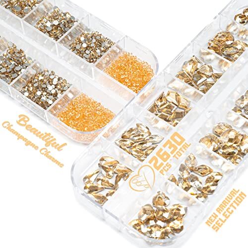 2630Pcs Gold Nail Rhinestones 120 Multi Shapes Crystal Flatback A Set Champagne
