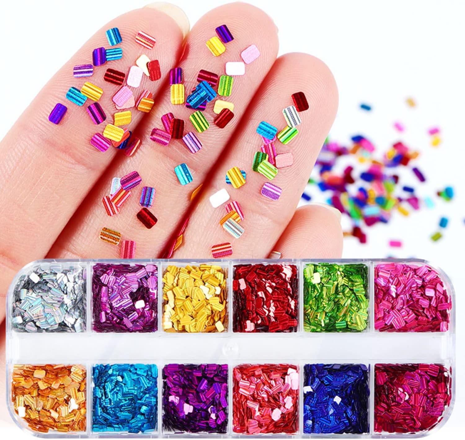Holographic Nail Glitter Flakes, 12 Colors Rectangle Sparkly Nail Square