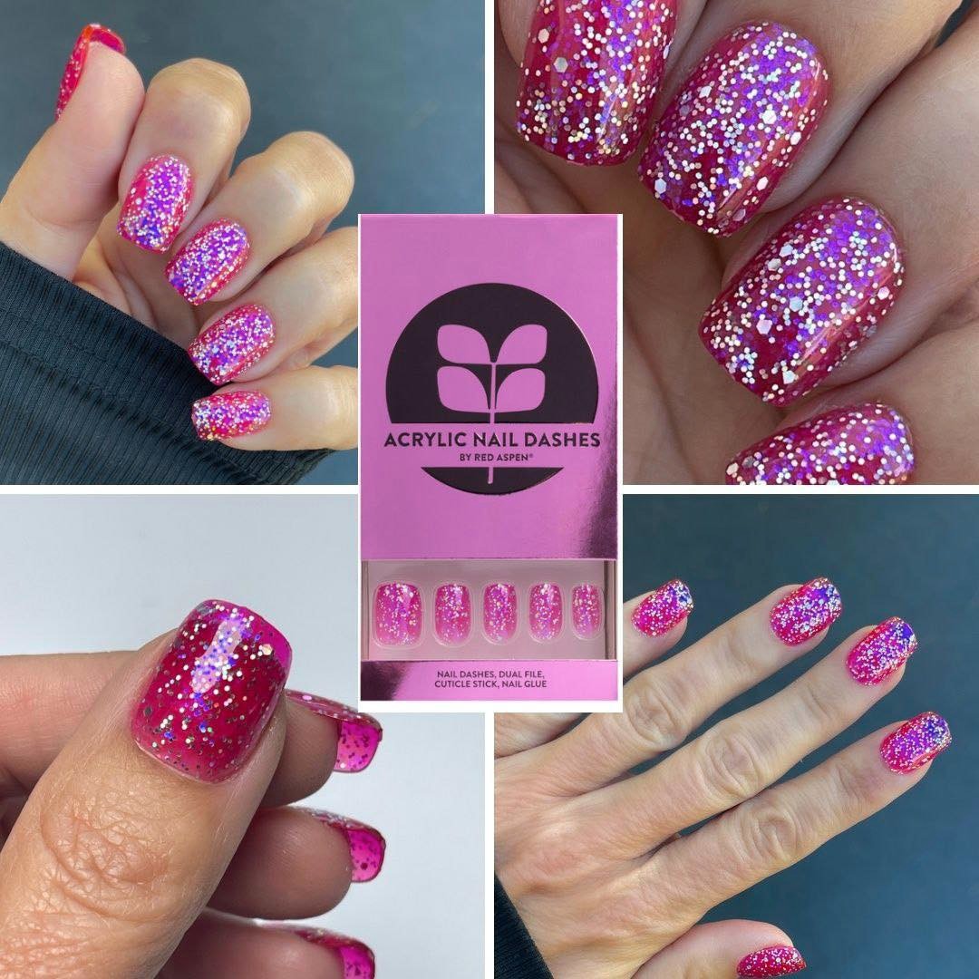 Red Aspen Press On Nails-Ecstatic Ellery-ACRYLIC-Short Squoval-Glitter-Pink
