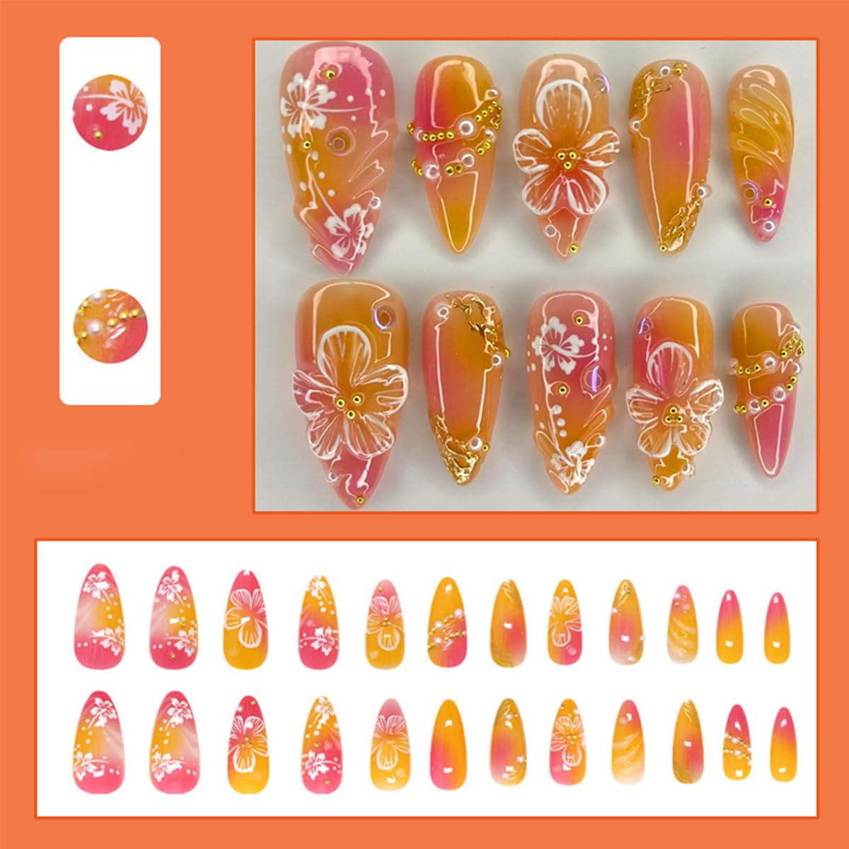 24Pcs Flower Press on Nails Medium Almond Fake Nails with Gold Beads Pearls Desi