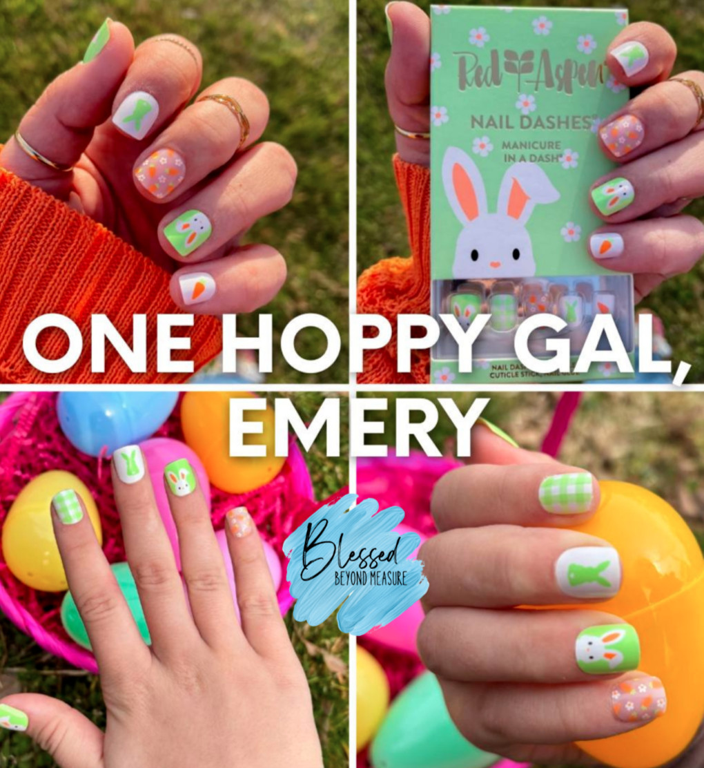 Red Aspen Press On Nails~PETITE~ One Hoppy Gal, Emery ~ Bunny~ Short ~Square