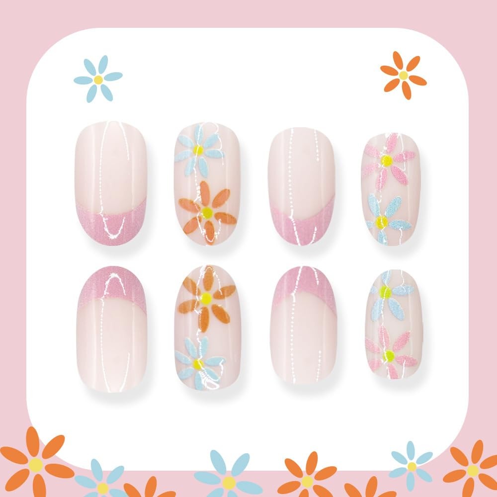 Spring Press On Nails Short Almond Fake Nails Pink French Tip False Nails wit…